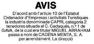 Anunci del canvi de titularitat per arrendament del restaurant-balneari Capri de Gav Mar publicat al diari La Vanguardia el 21 d'Abril de 1990